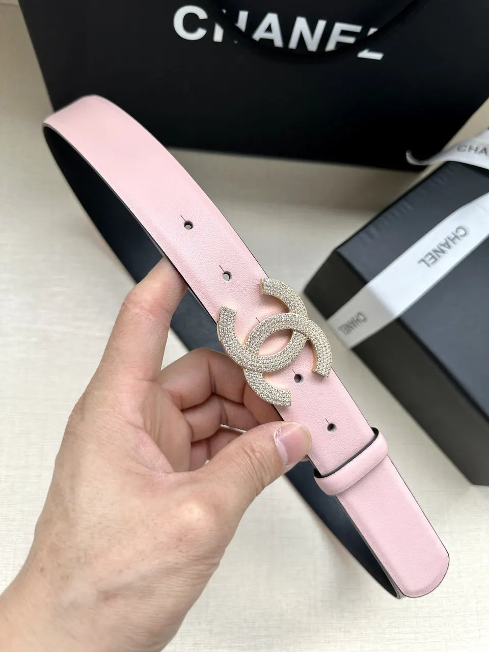rhinestone Chanel Pink Leather Belt