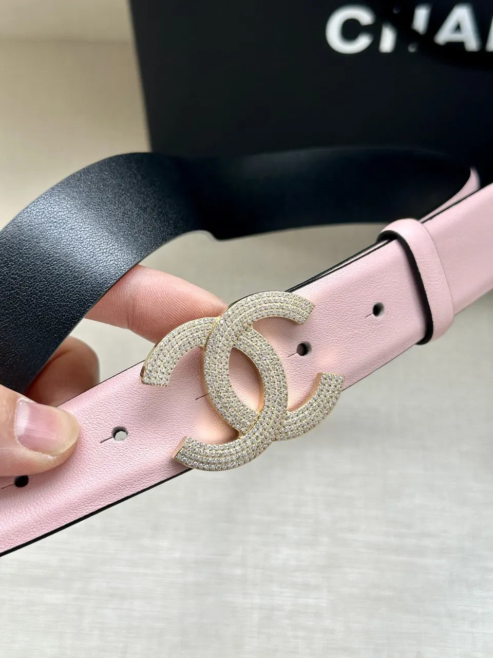 rhinestone Chanel Pink Leather Belt - Hình 2