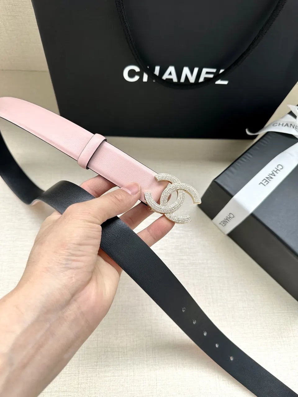 rhinestone Chanel Pink Leather Belt - Hình 4
