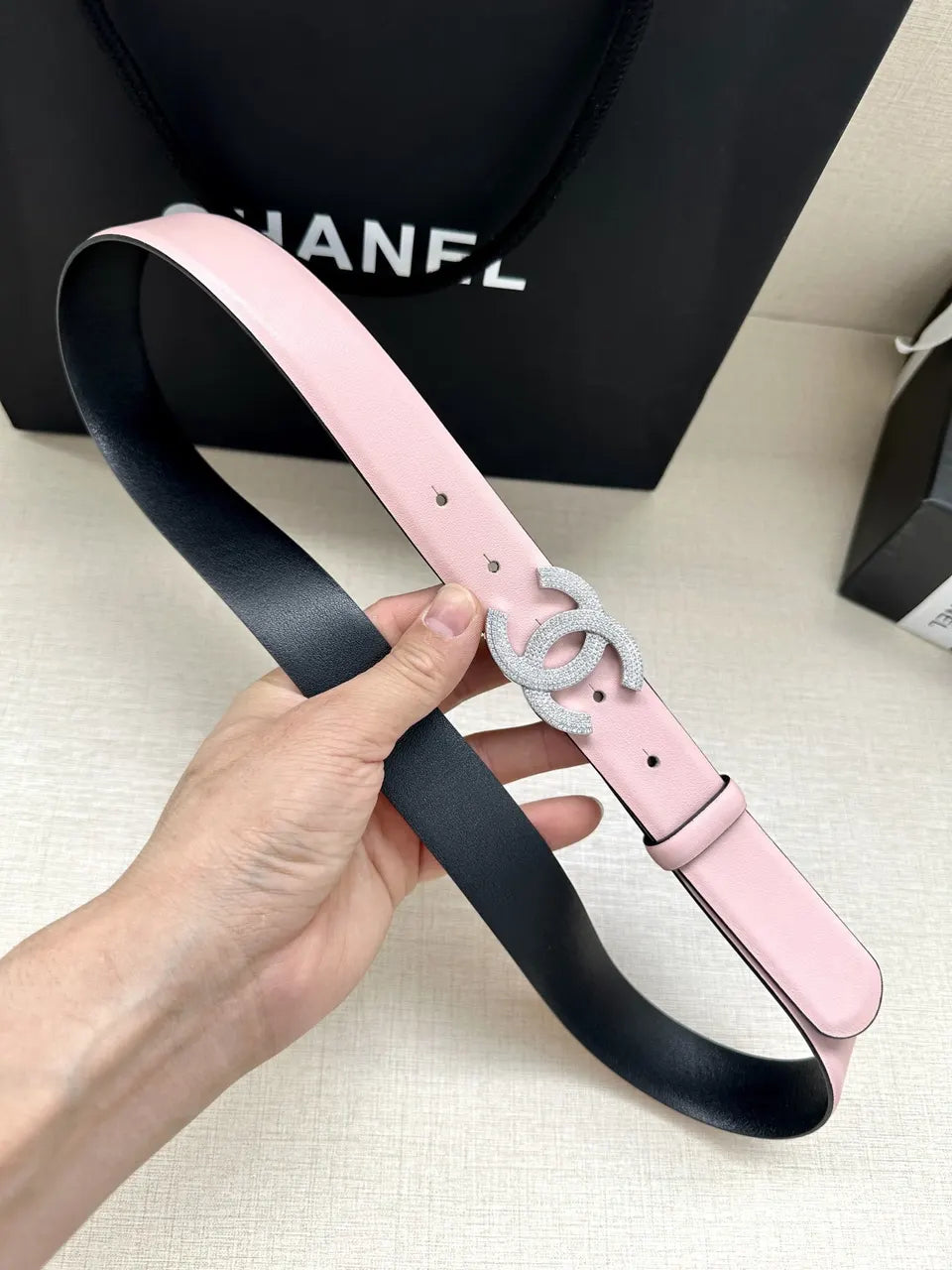 rhinestone Chanel Pink Leather Belt - Hình 6