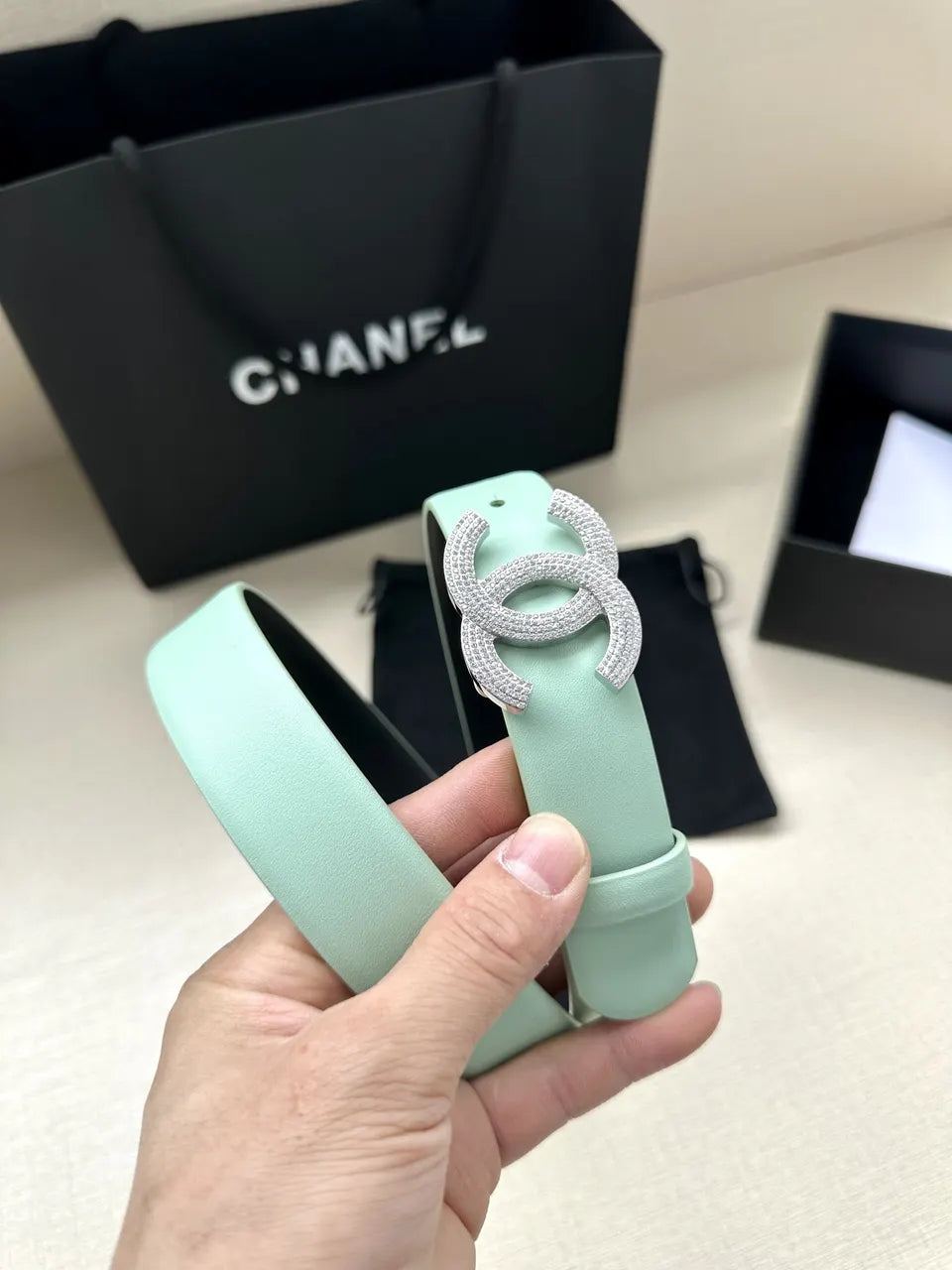 Chanel Mint Green Leather Belt - Hình 9