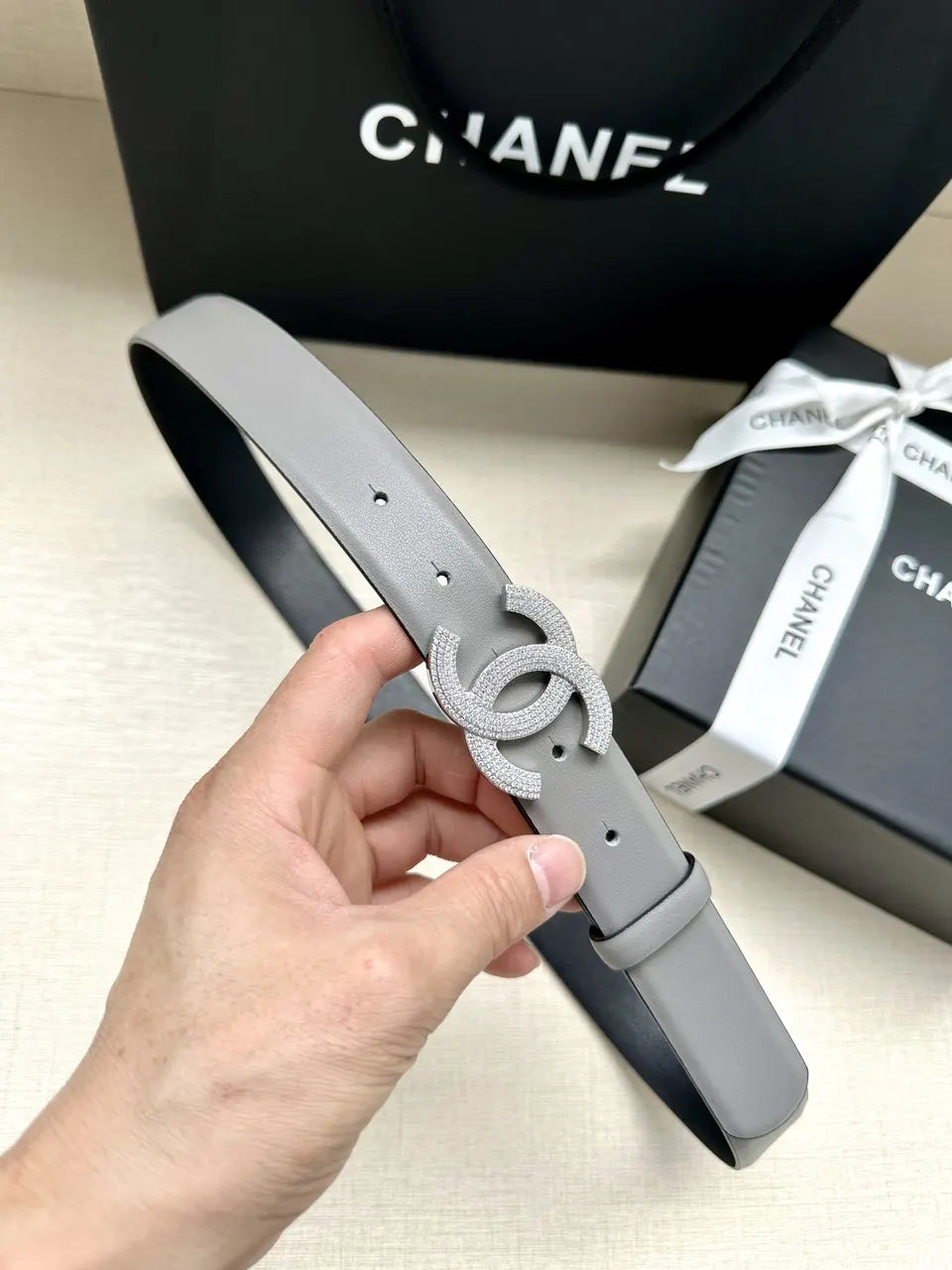 rhinestone Chanel Grey Leather Belt