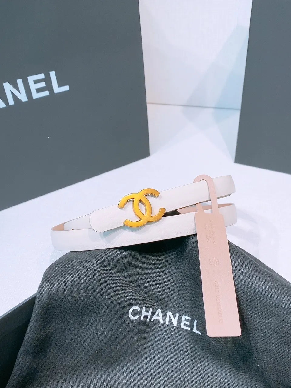 Chanel Ivory Leather Skinny Belt - Hình 2
