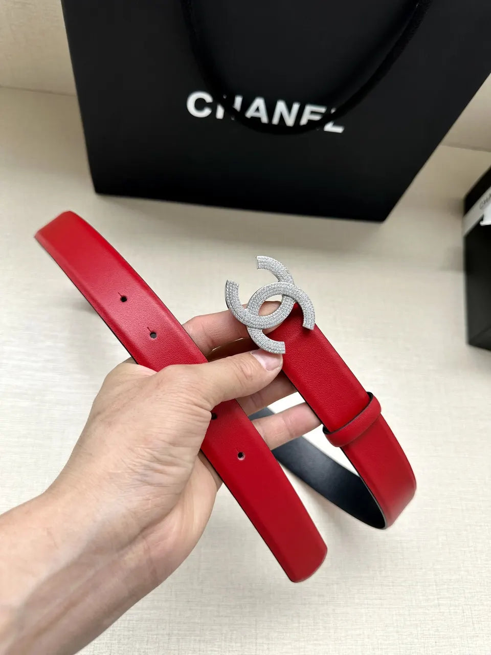 Chanel Scarlet Red Leather Belt - Hình 8
