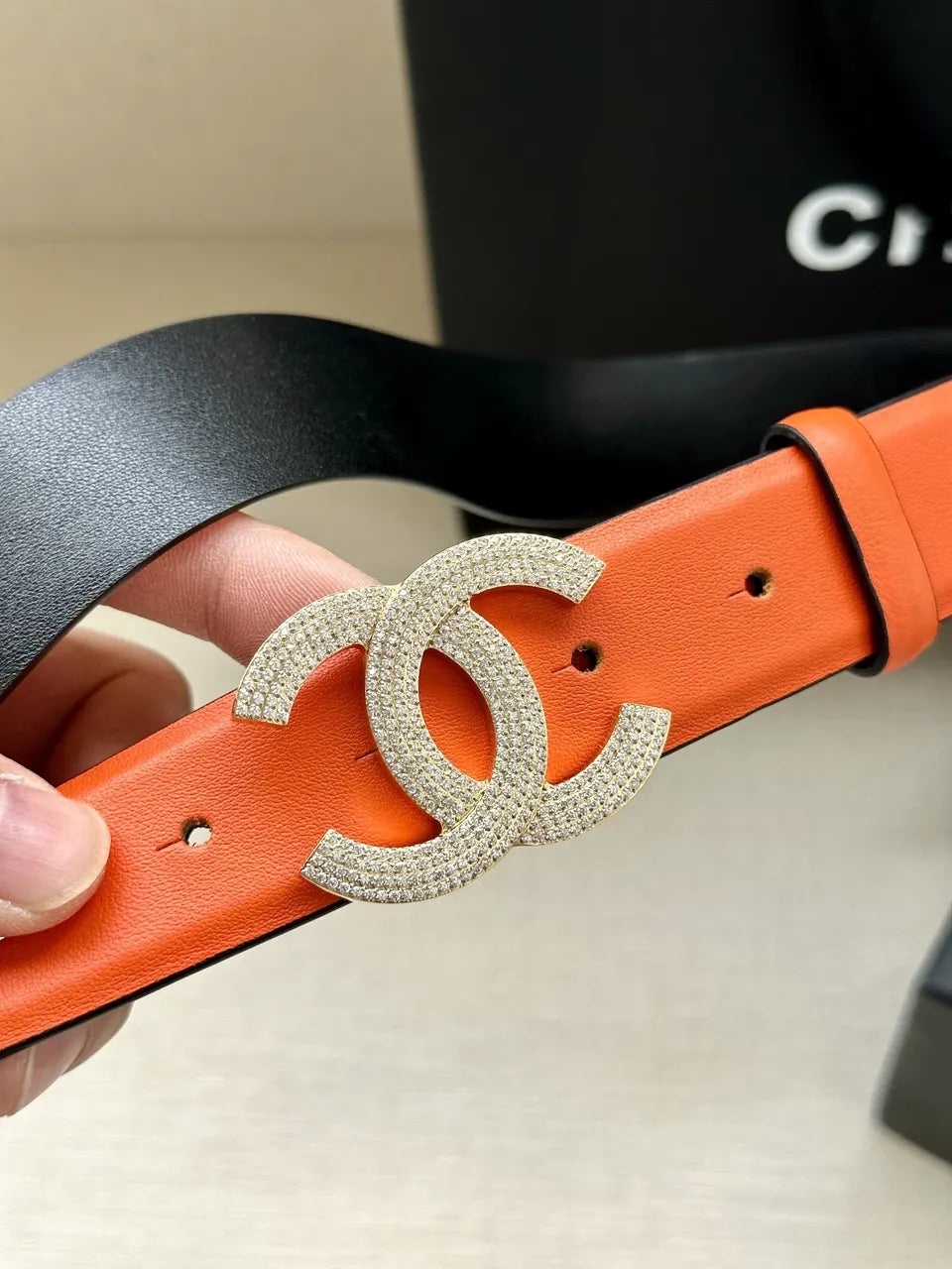 silver Chanel Orange Leather Belt - Hình 2
