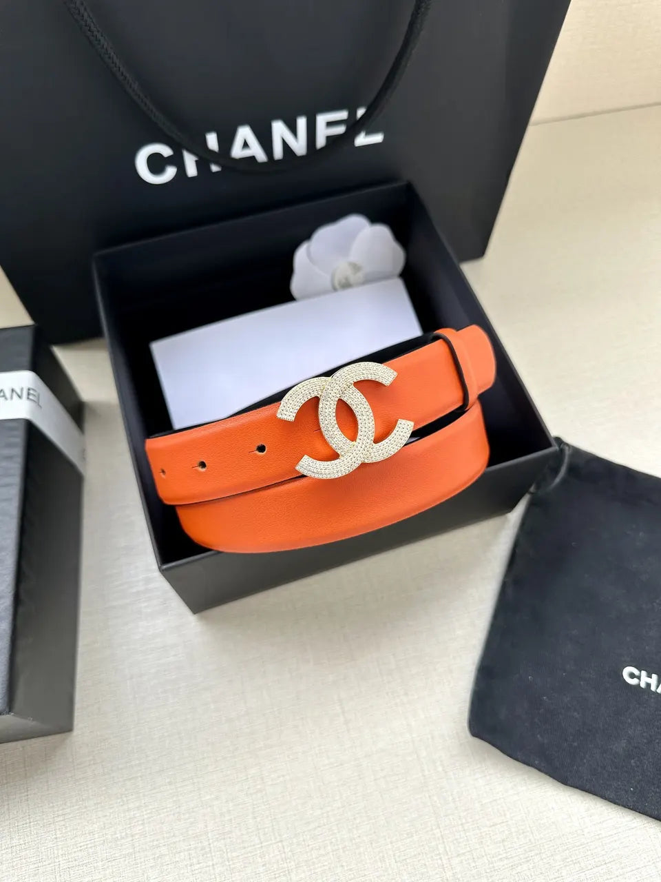 silver Chanel Orange Leather Belt - Hình 3