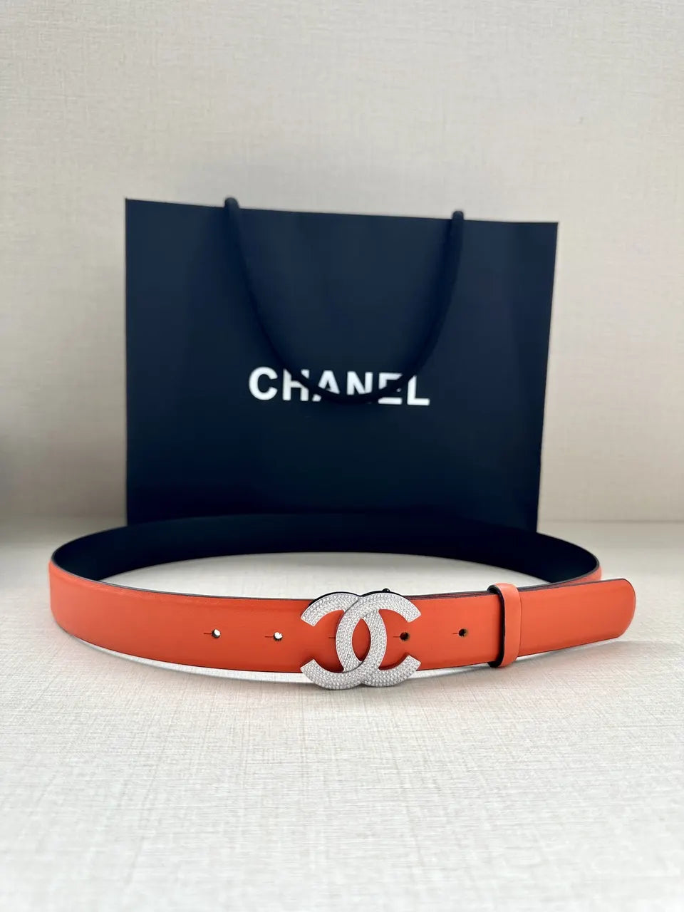 silver Chanel Orange Leather Belt - Hình 5