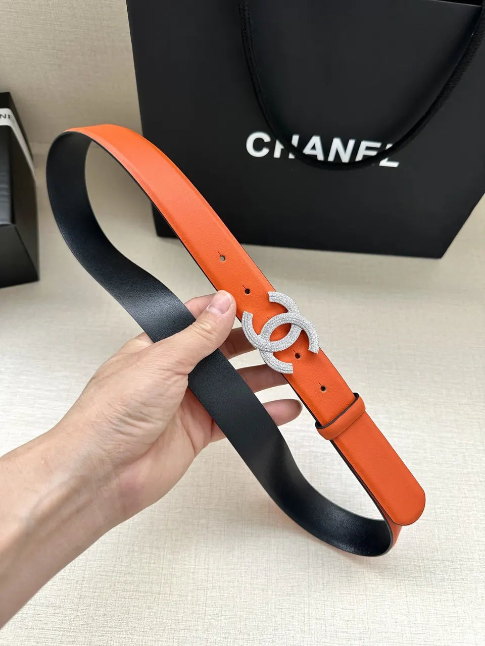 silver Chanel Orange Leather Belt - Hình 6