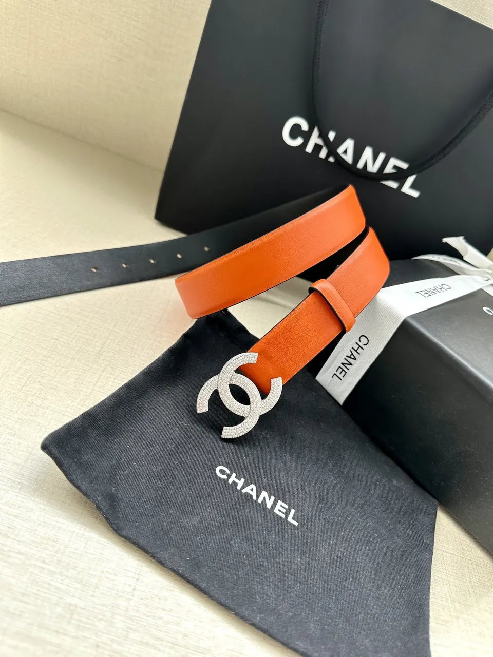 silver Chanel Orange Leather Belt - Hình 7