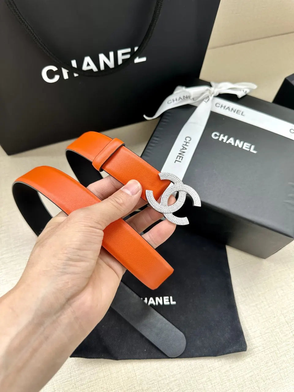 silver Chanel Orange Leather Belt - Hình 8