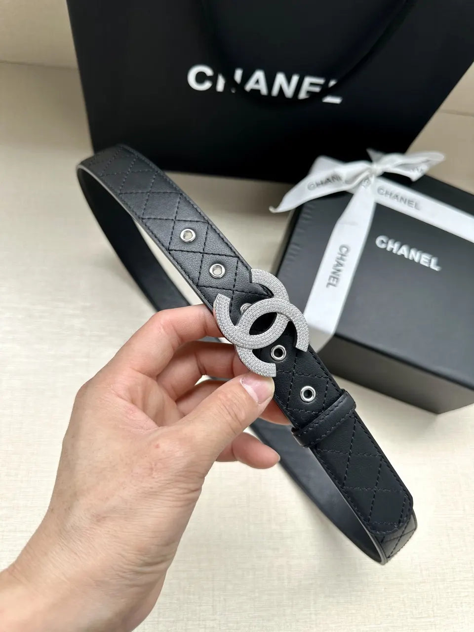 Chanel Quilted Black Belt Rhinestone