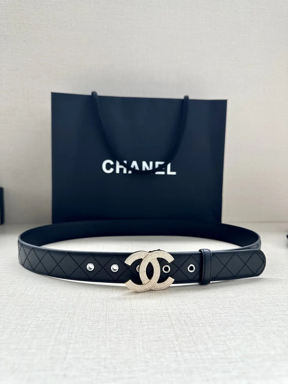 Chanel Quilted Black Belt Rhinestone - Hình 5