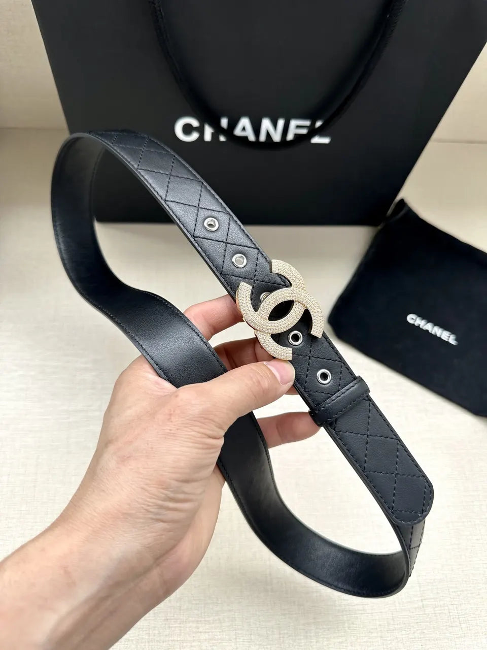 Chanel Quilted Black Belt Rhinestone - Hình 6