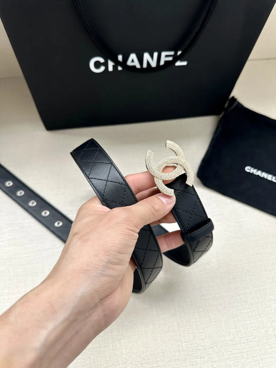 Chanel Quilted Black Belt Rhinestone - Hình 7