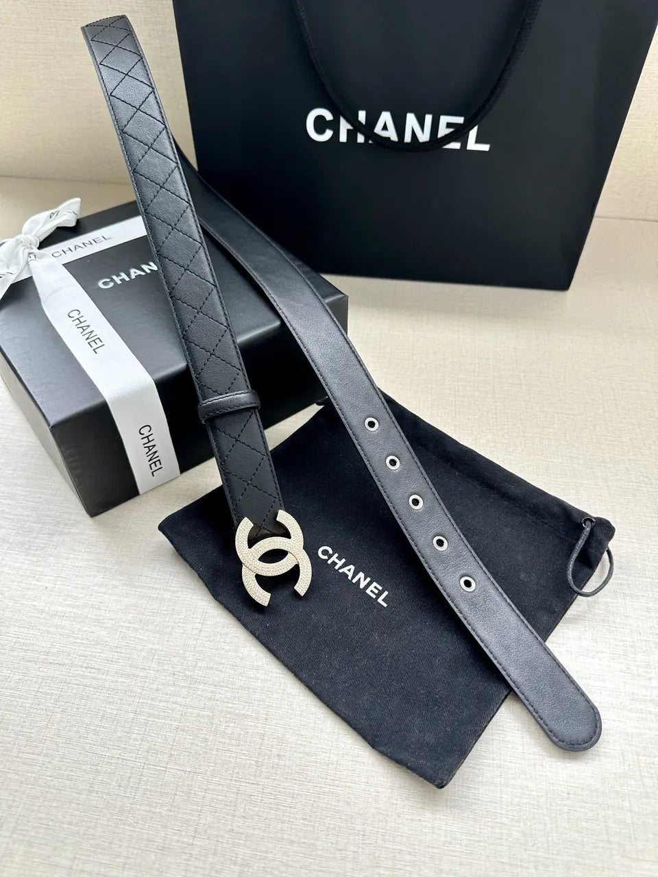 Chanel Quilted Black Belt Rhinestone - Hình 9
