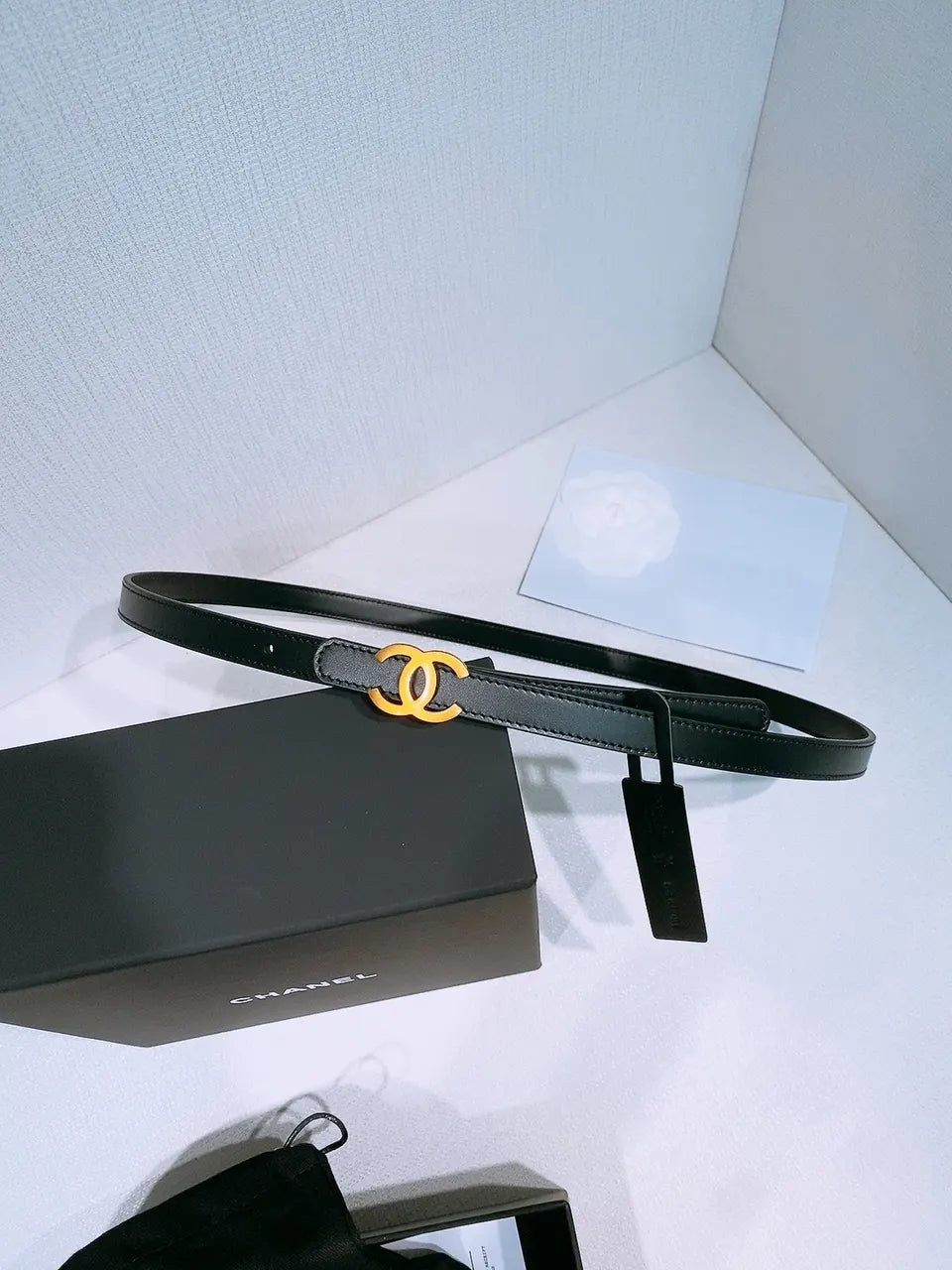 cc Chanel Black Leather Belt Gold