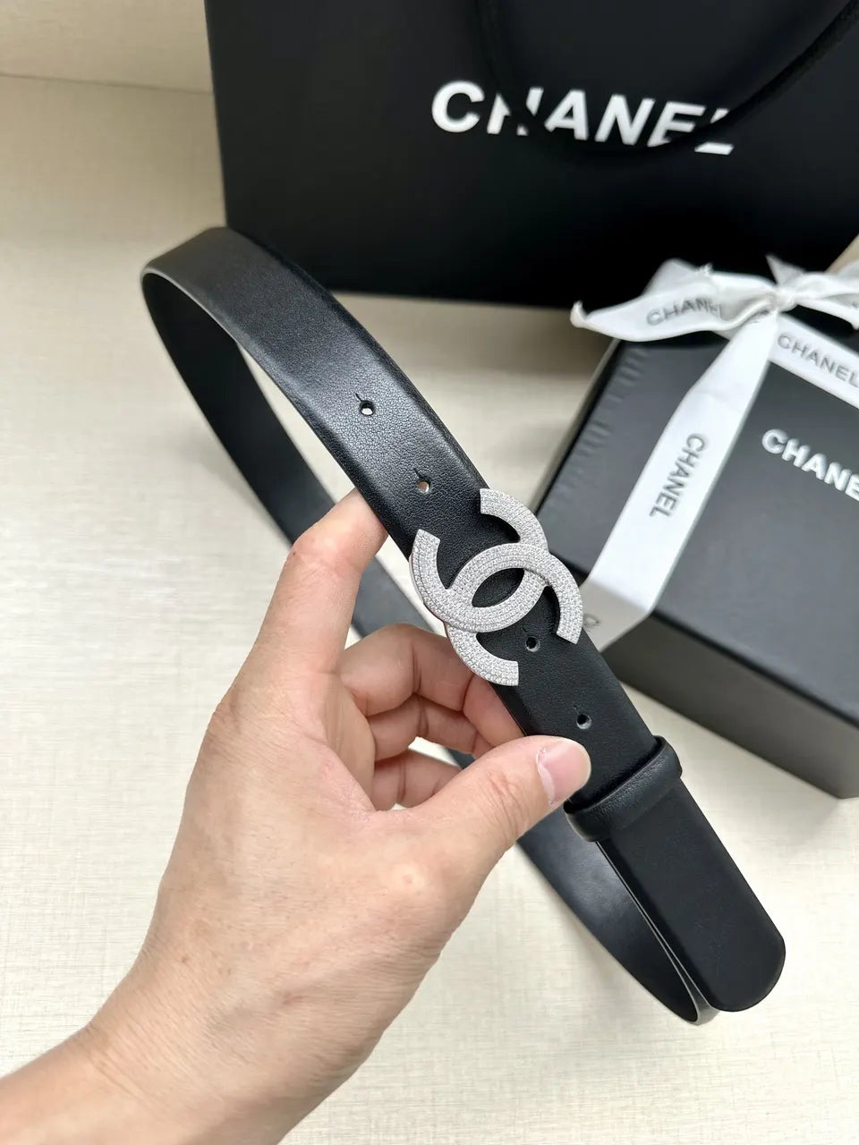 black Chanel Crystal CC Belt