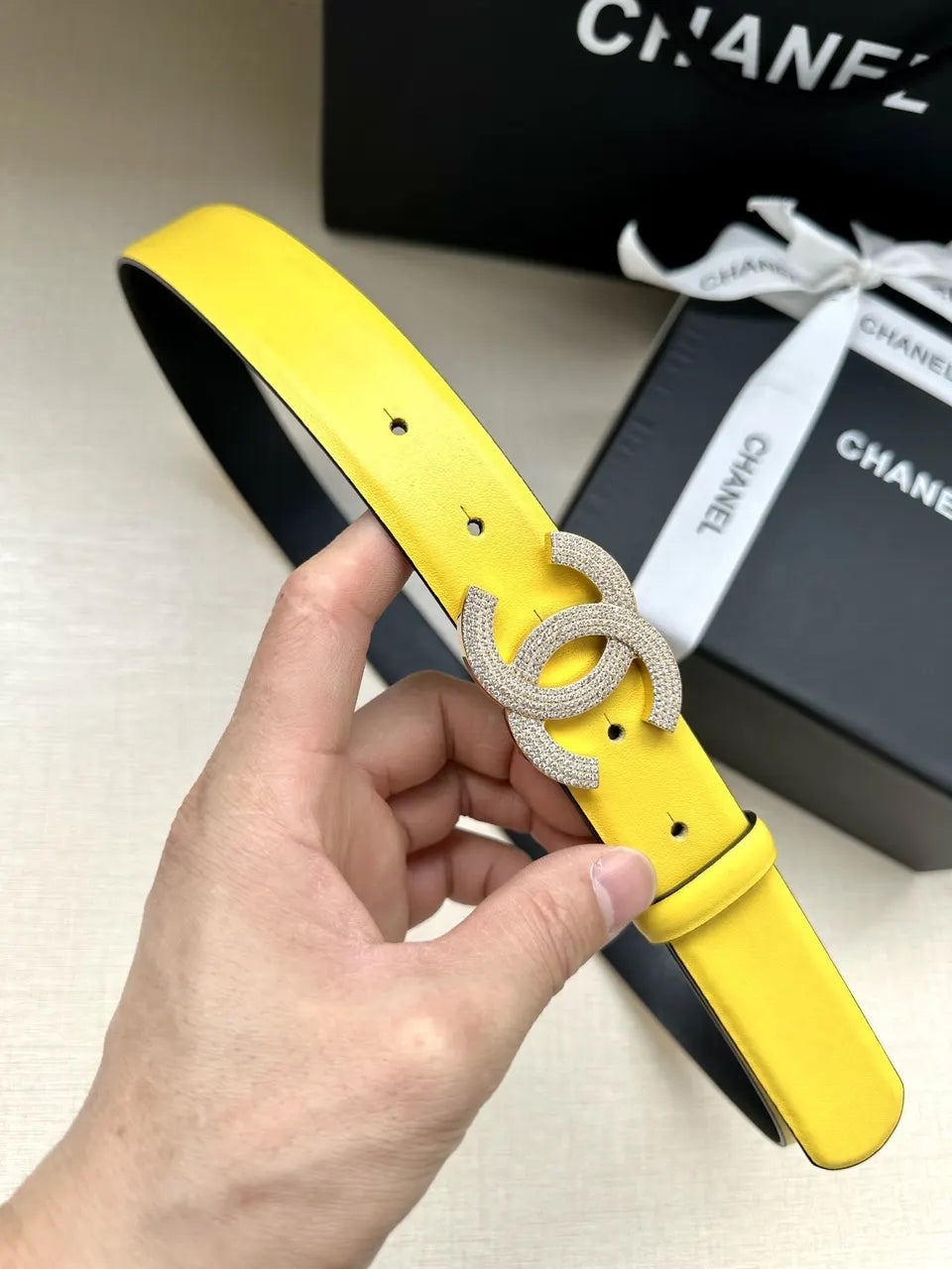 rhinestone Chanel Yellow Leather Belt