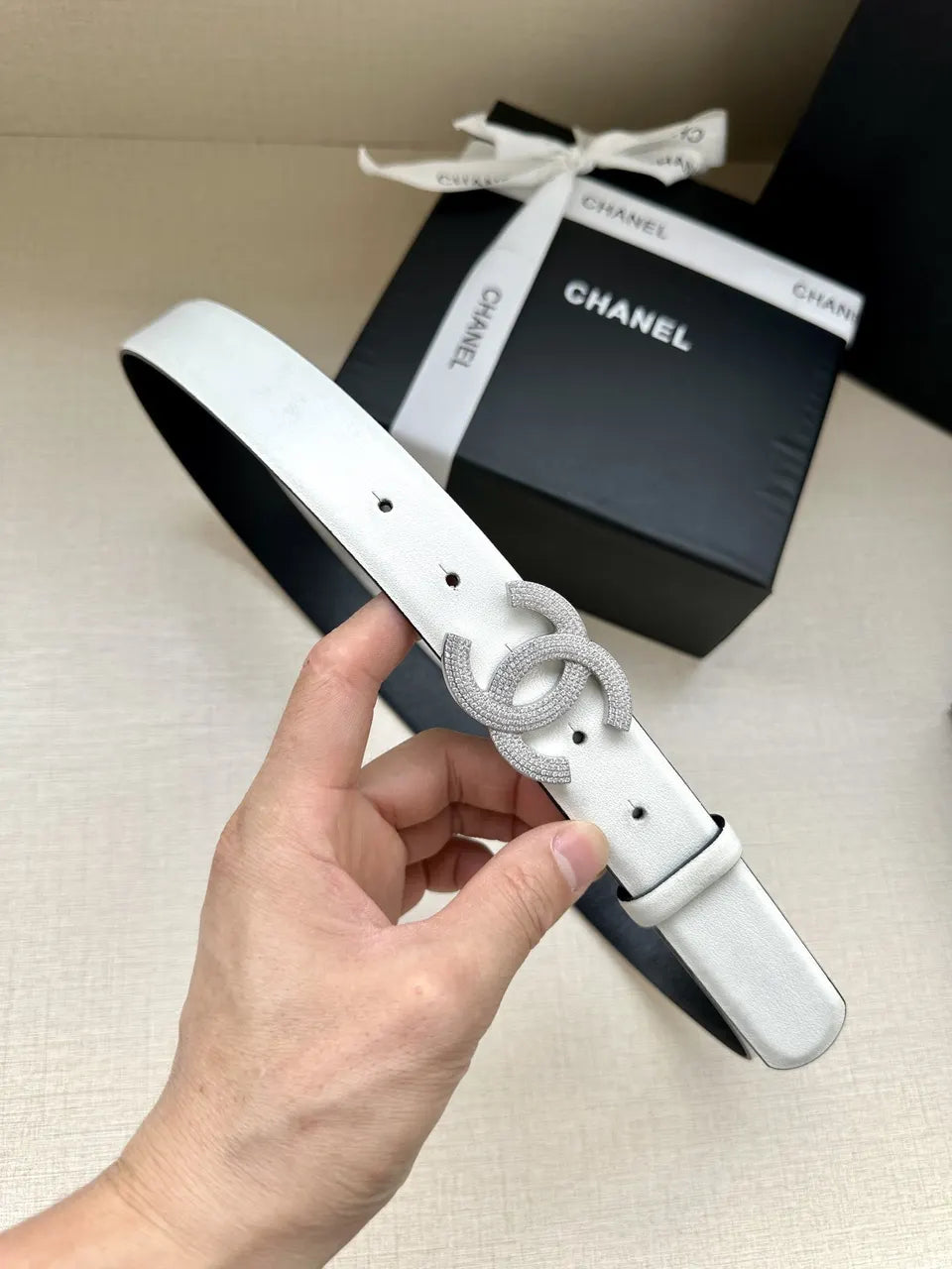 silver Chanel White Leather Belt