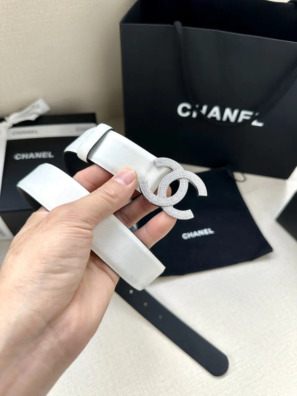 silver Chanel White Leather Belt - Hình 4