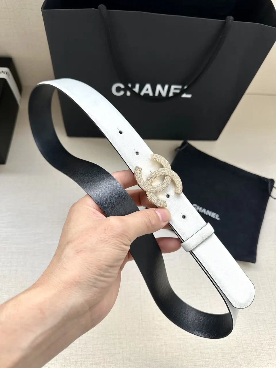 silver Chanel White Leather Belt - Hình 6