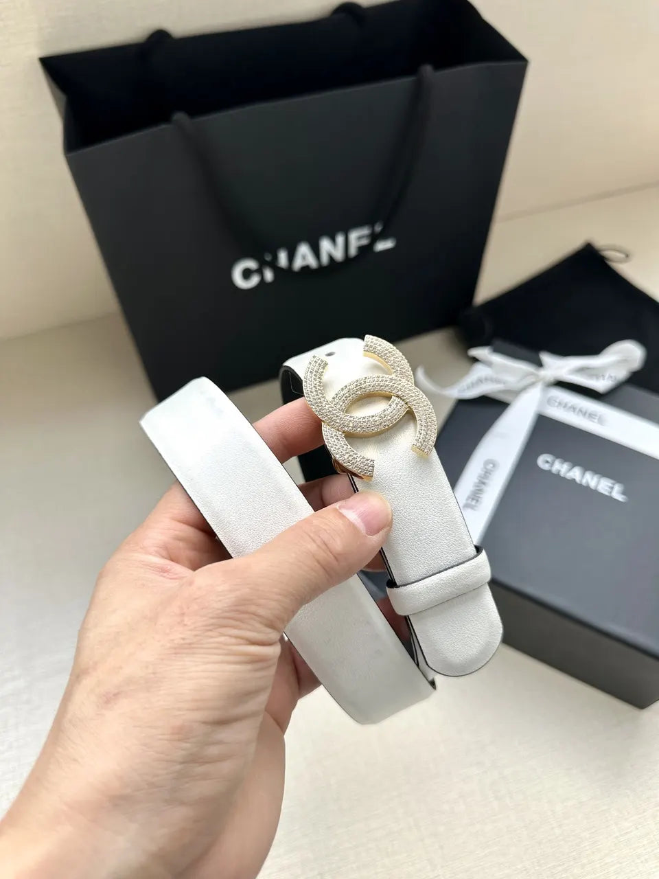 silver Chanel White Leather Belt - Hình 8