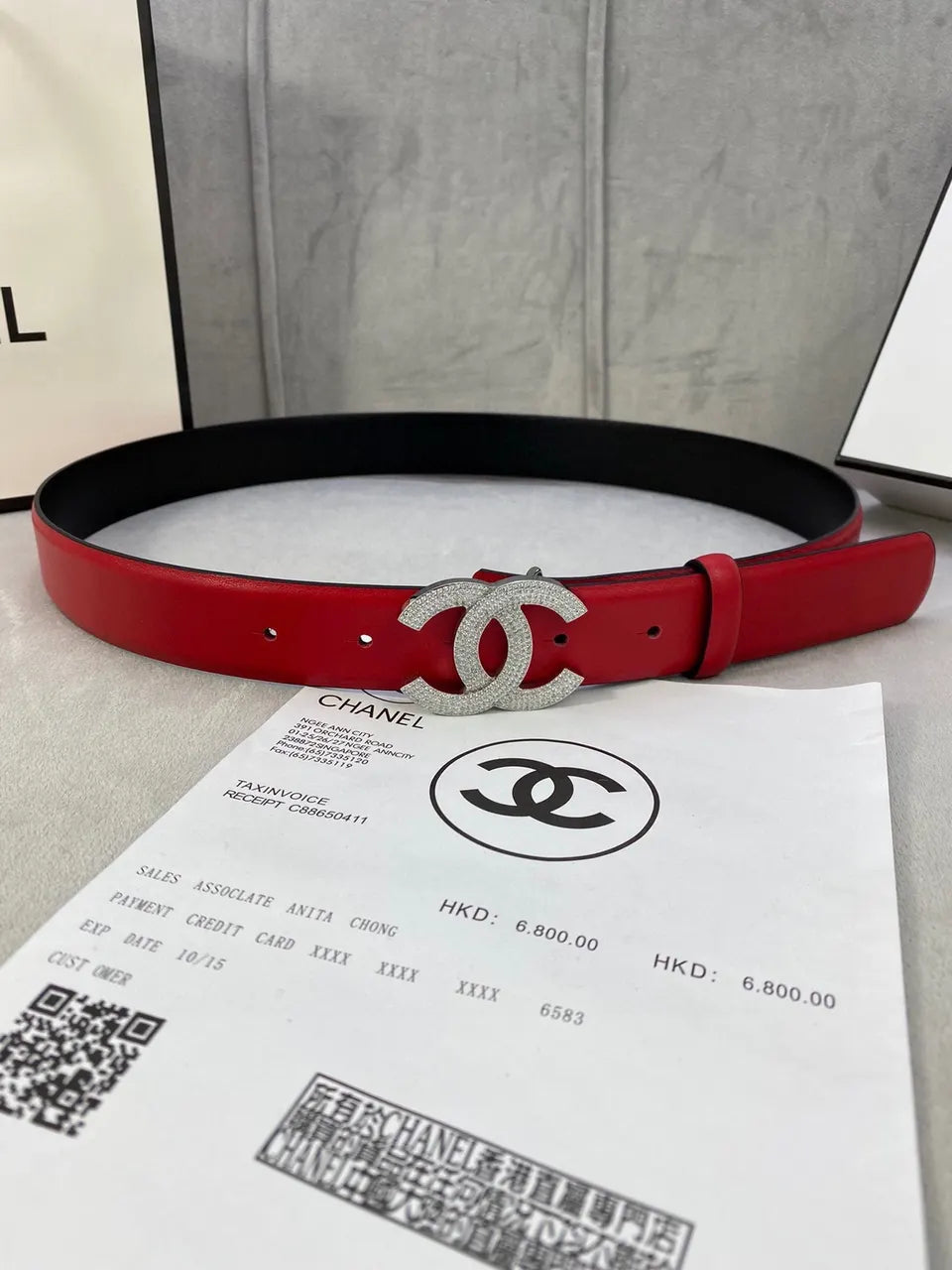 Chanel Red Leather Belt Crystal CC