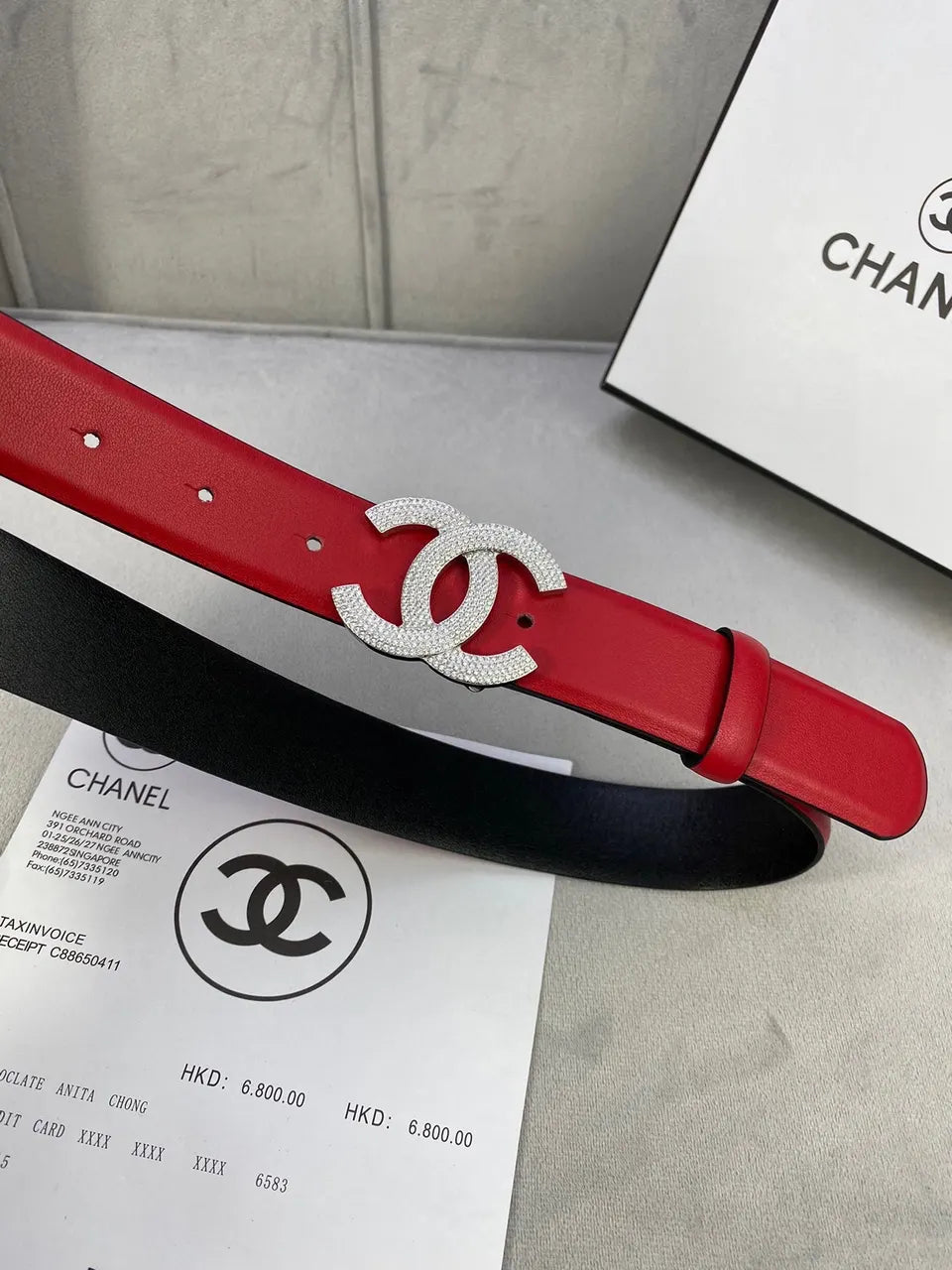 Chanel Red Leather Belt Crystal CC - Hình 3