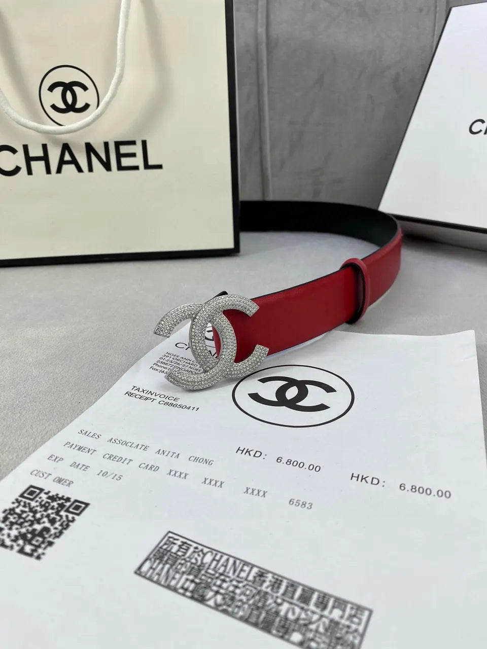 Chanel Red Leather Belt Crystal CC - Hình 4