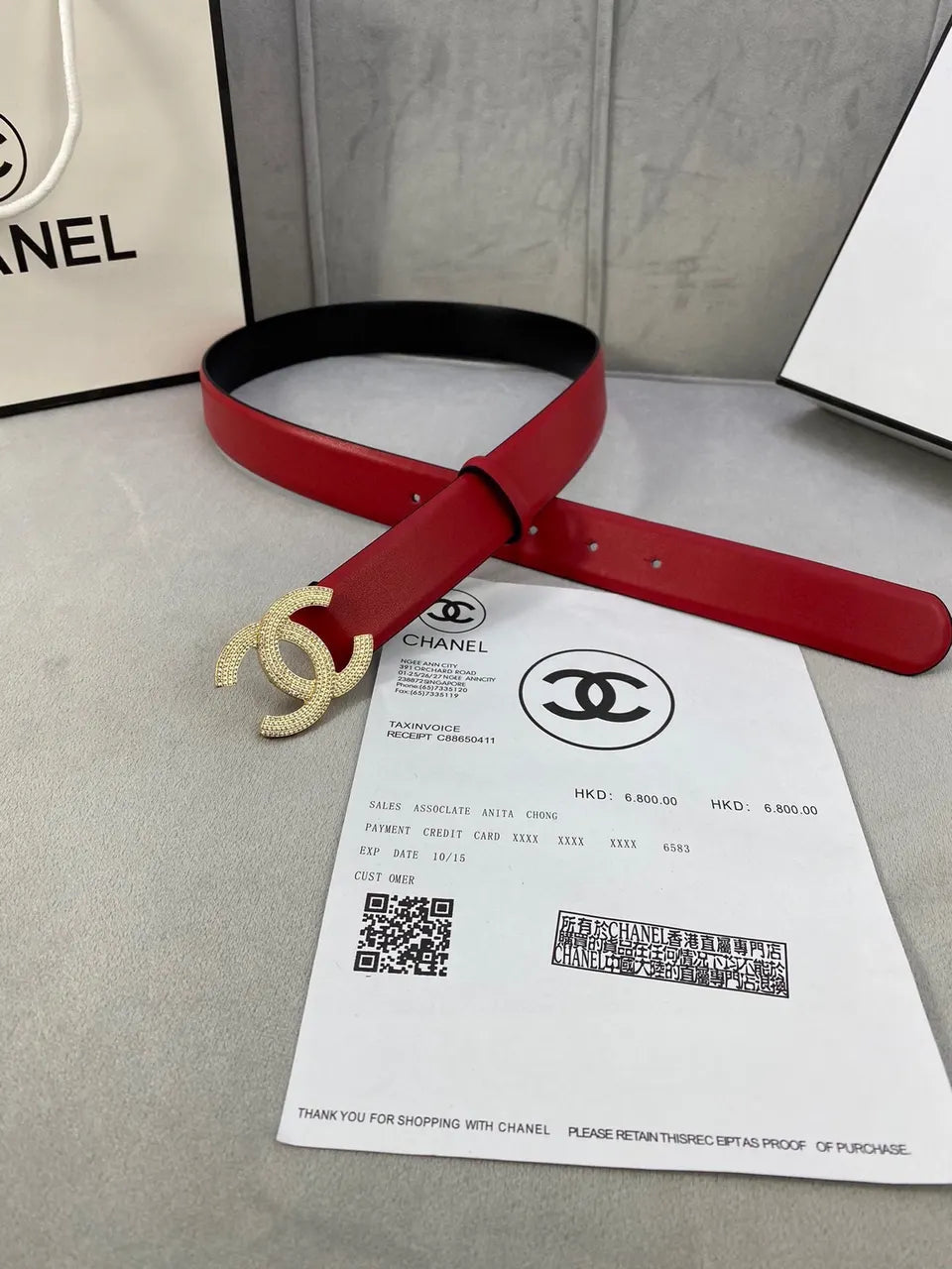 Chanel Red Leather Belt Crystal CC - Hình 6