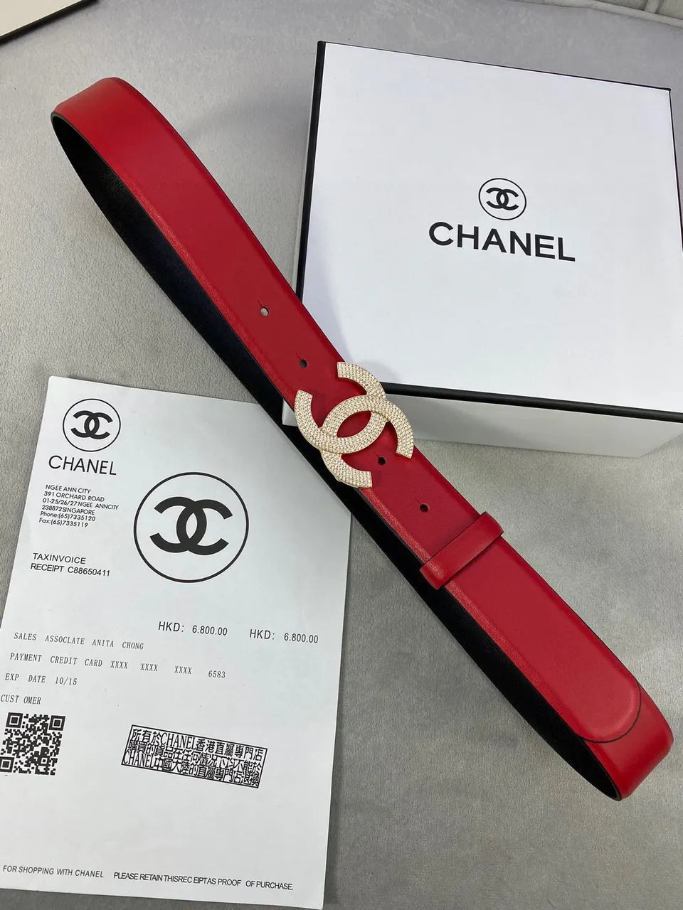 Chanel Red Leather Belt Crystal CC - Hình 7