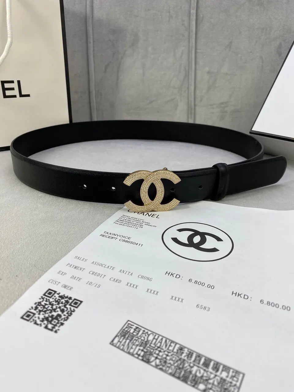 black leather Chanel Rhinestone CC Belt