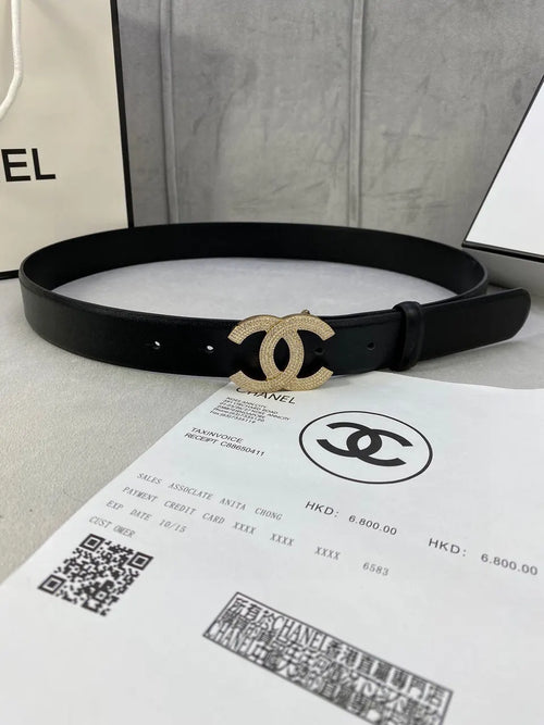 black leather Chanel Rhinestone CC Belt