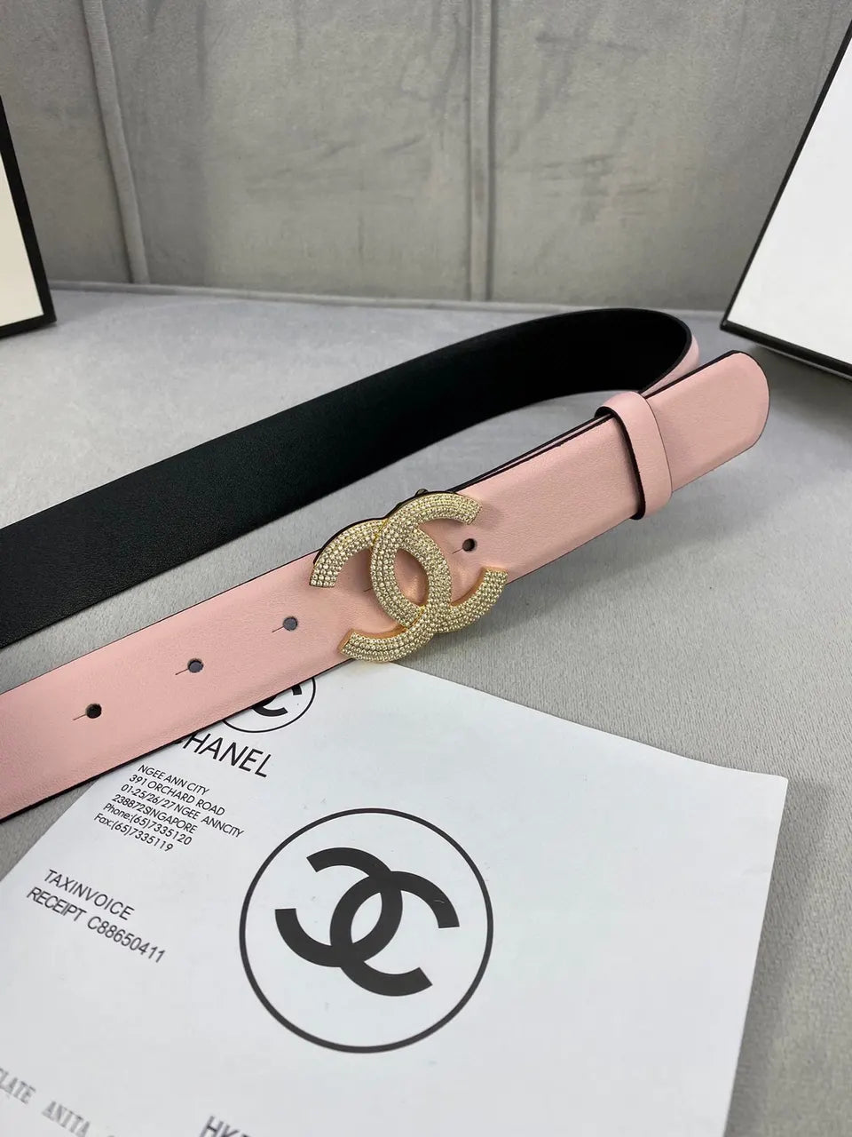 Chanel Pink Leather Belt Rhinestone - Hình 2