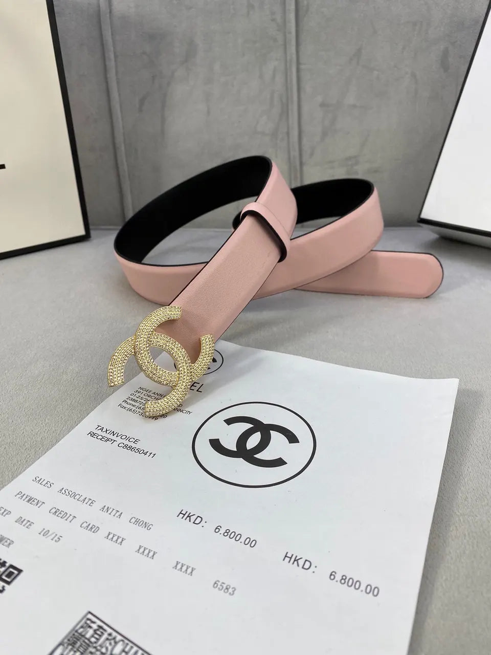 Chanel Pink Leather Belt Rhinestone - Hình 3