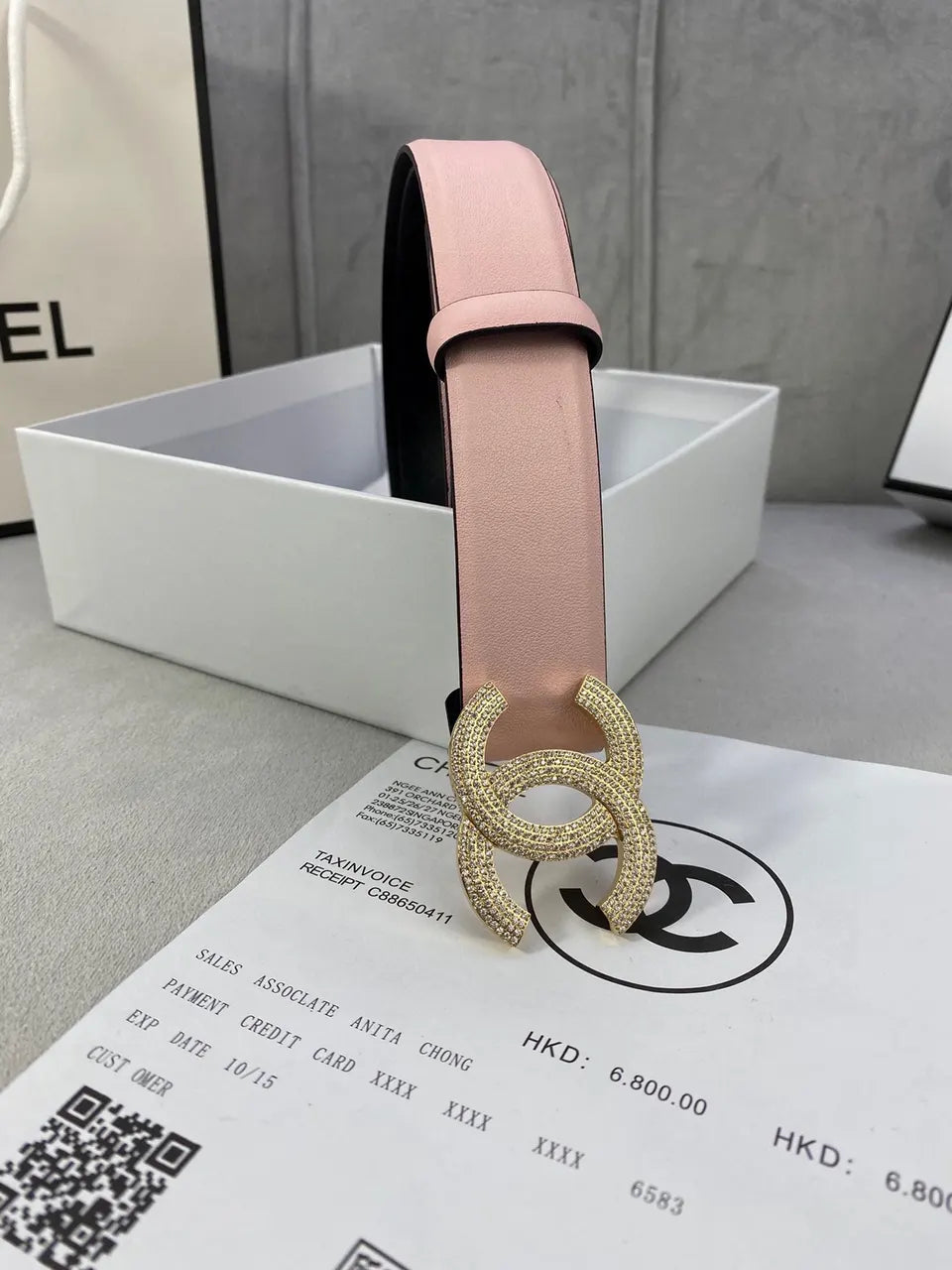 Chanel Pink Leather Belt Rhinestone - Hình 4