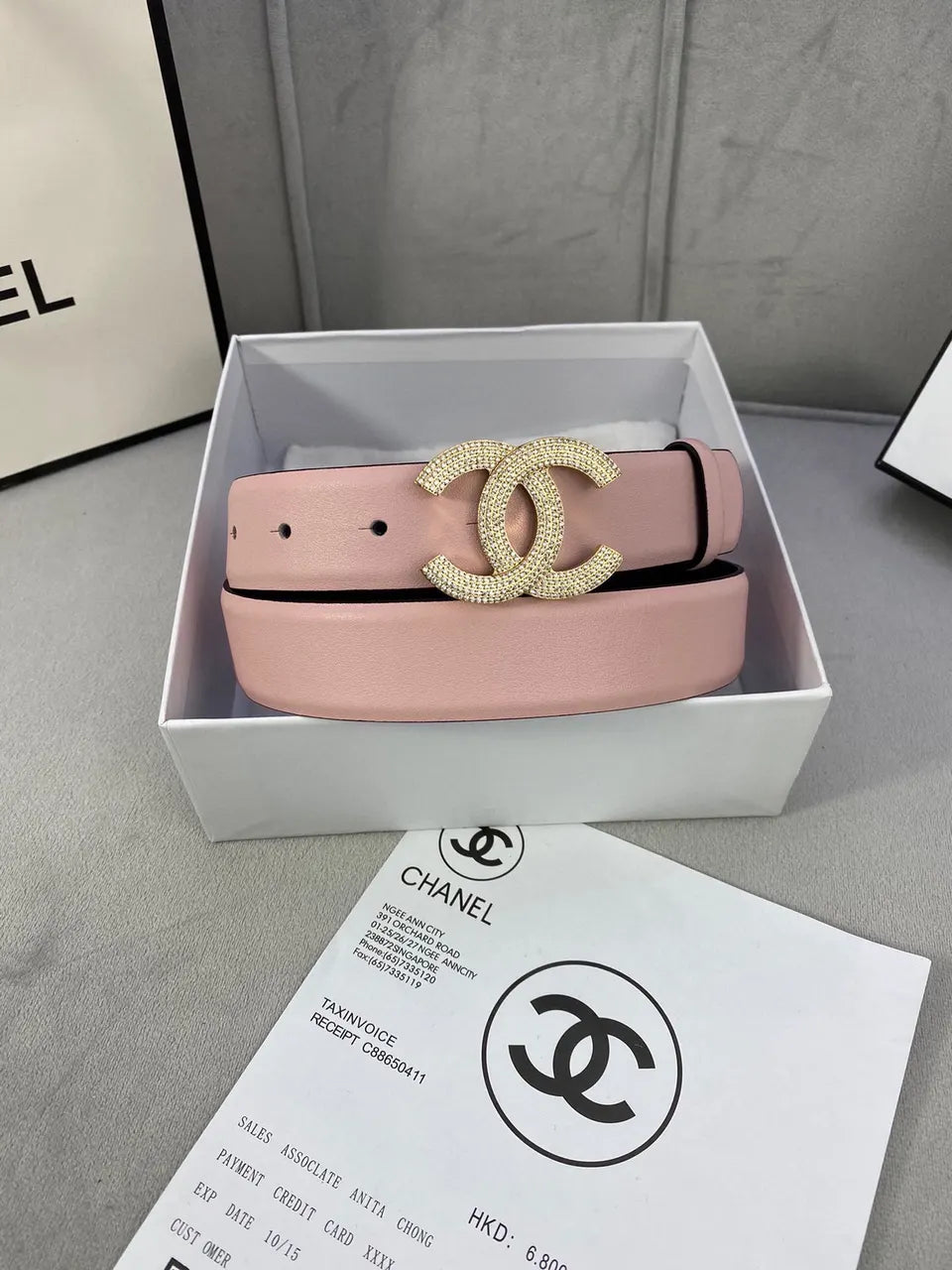 Chanel Pink Leather Belt Rhinestone - Hình 5