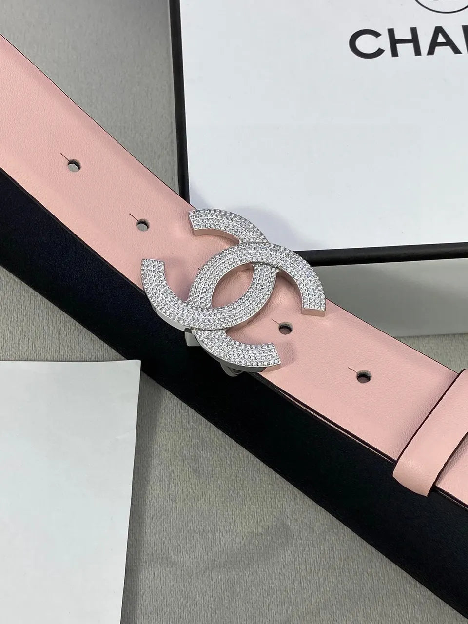 Chanel Pink Leather Belt Rhinestone - Hình 6