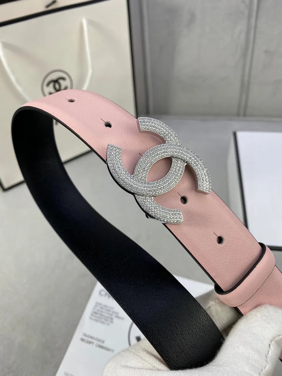 Chanel Pink Leather Belt Rhinestone - Hình 7