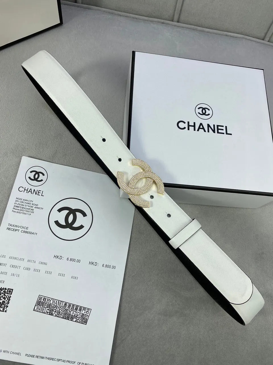 rhinestone Chanel White Leather Belt