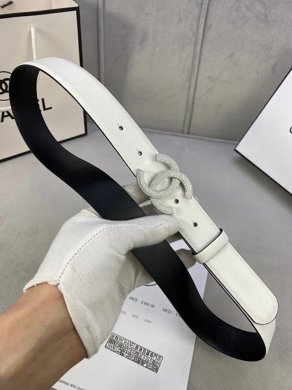 rhinestone Chanel White Leather Belt - Hình 3