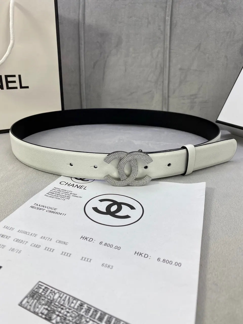 rhinestone Chanel White Leather Belt - Hình 4
