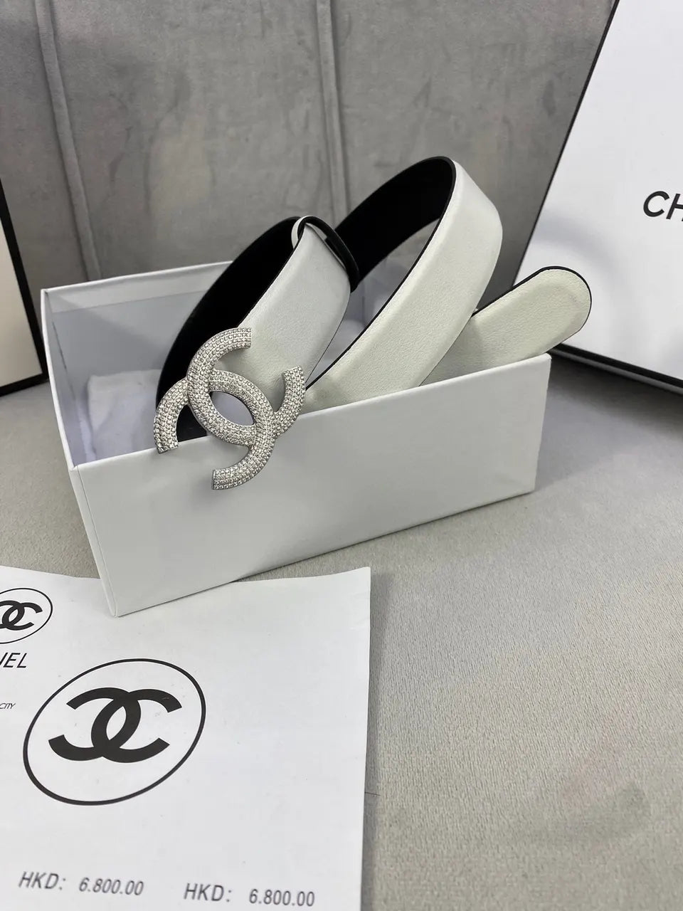 rhinestone Chanel White Leather Belt - Hình 6
