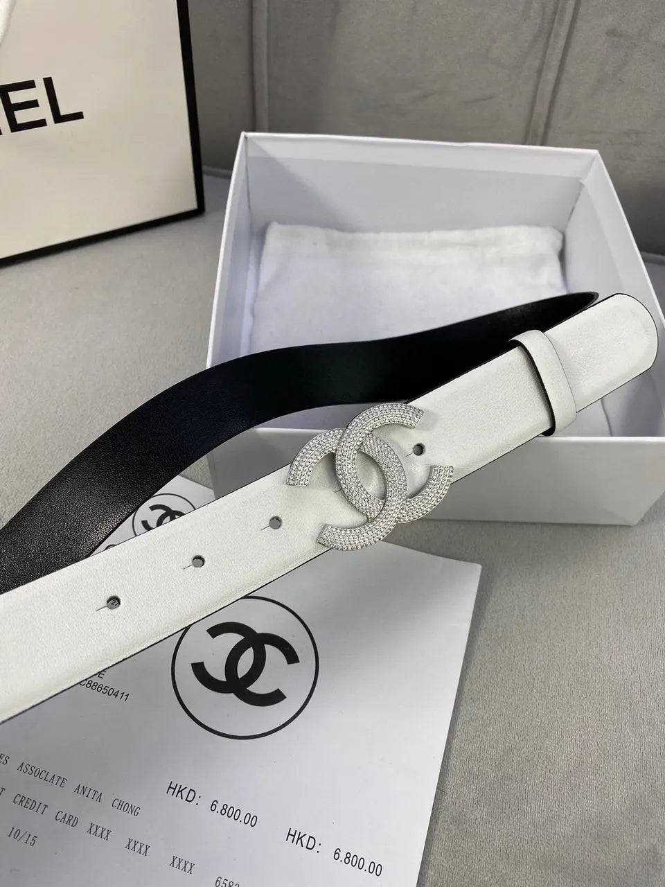 rhinestone Chanel White Leather Belt - Hình 8