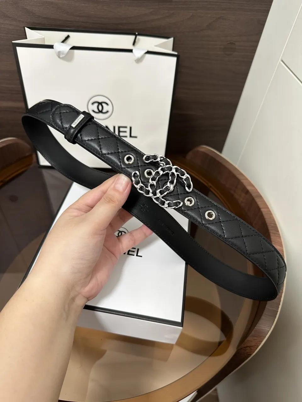 Chanel Black Quilted Leather Belt - Hình 2