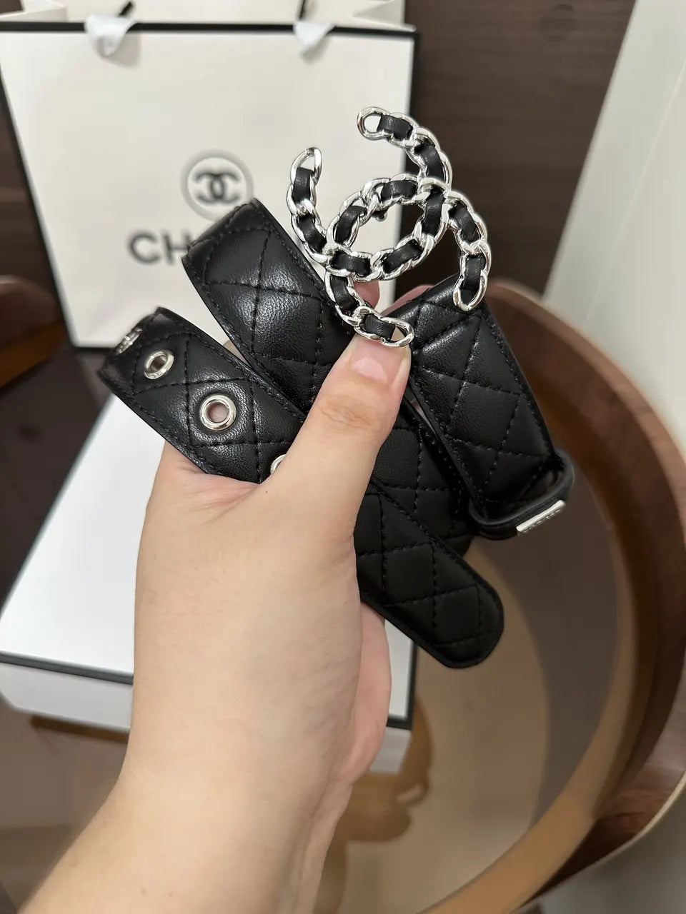 Chanel Black Quilted Leather Belt - Hình 3