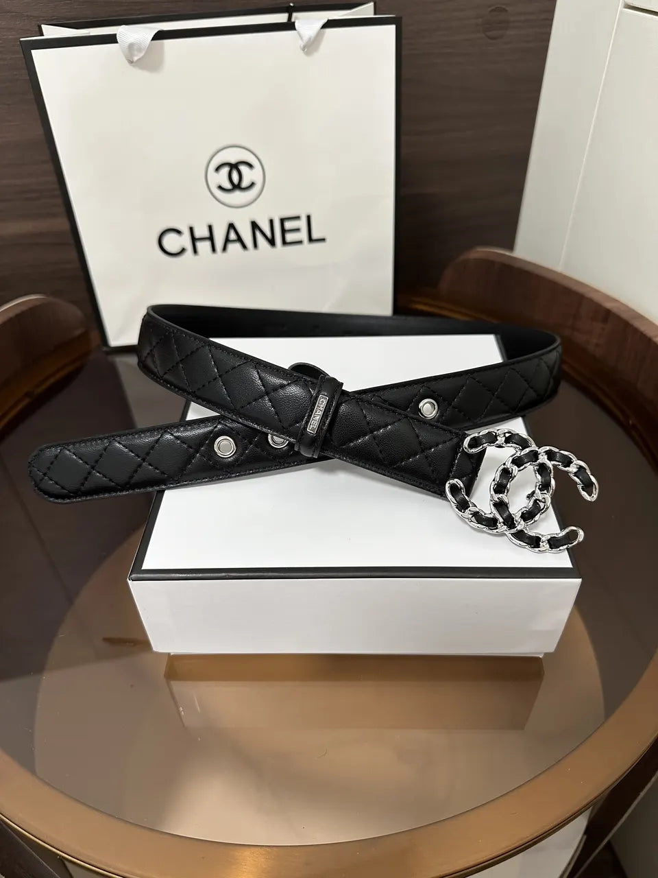 Chanel Black Quilted Leather Belt - Hình 4