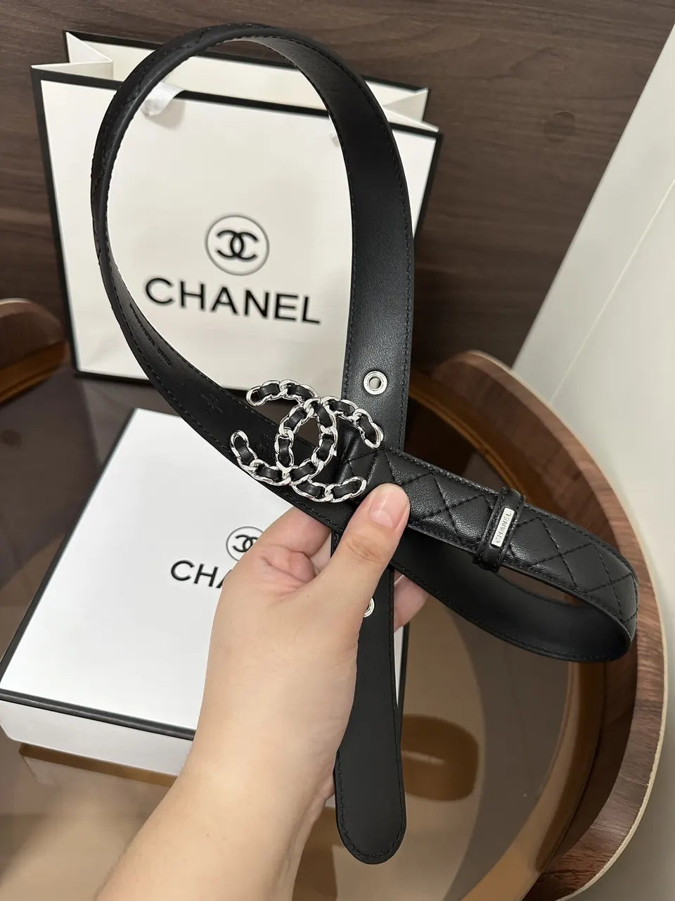 Chanel Black Quilted Leather Belt - Hình 5