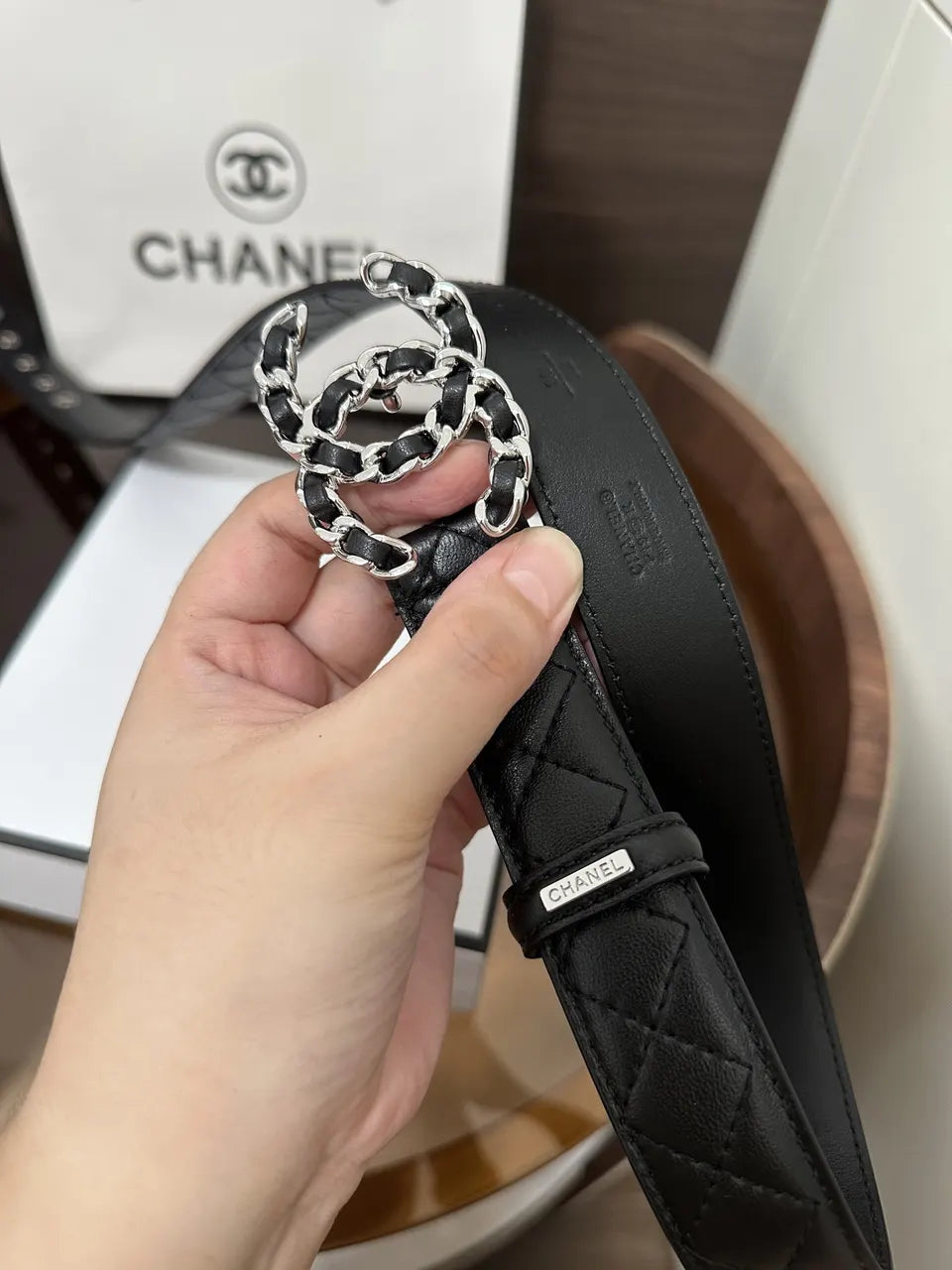 Chanel Black Quilted Leather Belt - Hình 6