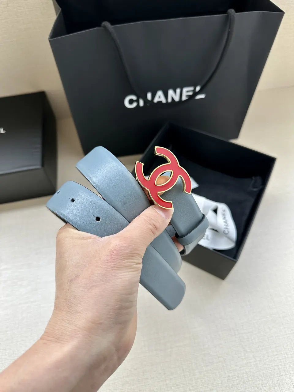 Chanel Grey Leather Belt - Hình 6